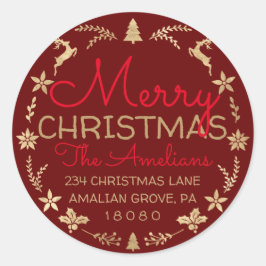 Vrolijk kerstfeest Gold Rustic RSVP Bourgogne Ronde Sticker