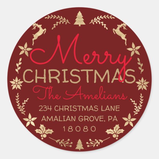 Vrolijk kerstfeest Gold Rustic RSVP Bourgogne Ronde Sticker (Voorkant)