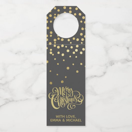 Vrolijk kerstfeest - Gold Script en Confetti Flessenhanger (Voorkant)