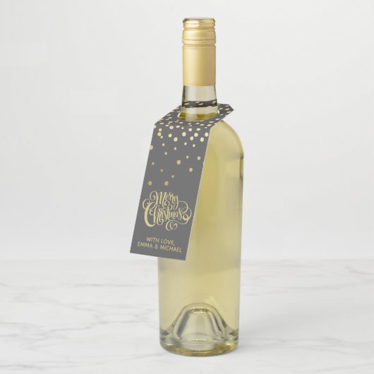 Vrolijk kerstfeest - Gold Script en Confetti Flessenhanger (Schuin)