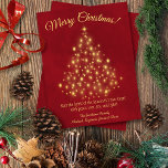 vrolijk kerstfeest! Golden Lights Boom op weelderi Feestdagenkaart<br><div class="desc">Deze prachtige kerstkaart heeft een ontwerp dat eenvoudig, stijlvol, verfijnd en stijlvol is, met een gestileerde kerstboom gemaakt van gouden sterren en lichten op een diepe weelderige gemarmerde rode achtergrond. Het onderschrift luidt: Vrolijk kerstfeest! Er is ruimte voor een korte groet en uw handtekening. Prachtige manier om feestvreugde te sturen....</div>