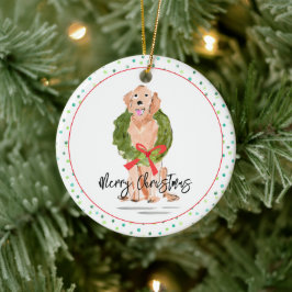Vrolijk Kerstfeest Golden Retriever Dog Krans Holl Keramisch Ornament