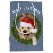 Vrolijk kerstfeest Golden Retriever op denim Medium Cadeauzakje (Voorkant)
