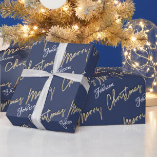 Vrolijk kerstfeest Golden Script Name Blue Navy Cadeaupapier