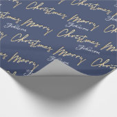 Vrolijk kerstfeest Golden Script Name Blue Navy Cadeaupapier (Hoek)