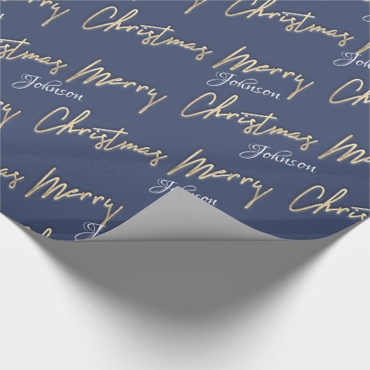 Vrolijk kerstfeest Golden Script Name Blue Navy Cadeaupapier (Hoek)