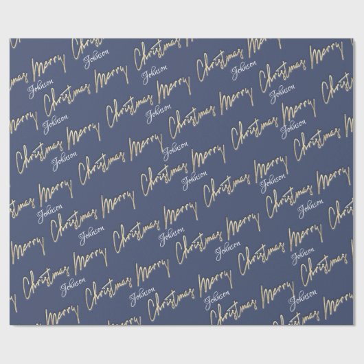 Vrolijk kerstfeest Golden Script Name Blue Navy Cadeaupapier (Vlak)