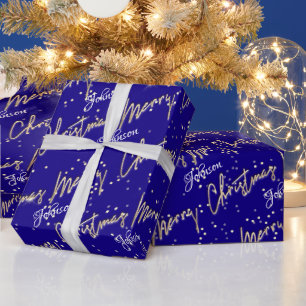 Vrolijk kerstfeest Golden Script Name Royal Blue N Cadeaupapier
