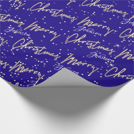 Vrolijk kerstfeest Golden Script Name Royal Blue N Cadeaupapier (Hoek)
