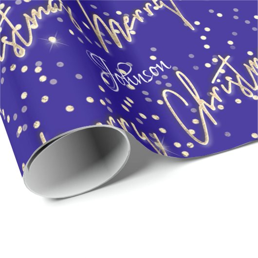 Vrolijk kerstfeest Golden Script Name Royal Blue N Cadeaupapier (Rol Hoek)