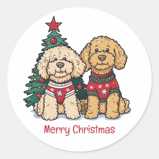 Vrolijk Kerstfeest Goldendoodle Honden Ronde Sticker (Voorkant)