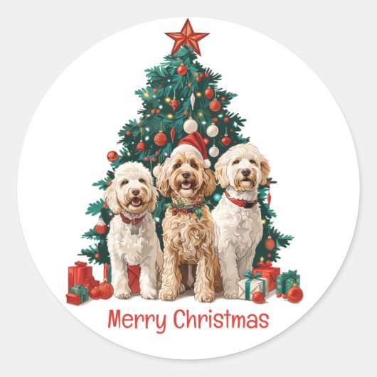 Vrolijk Kerstfeest Goldendoodle Honden Ronde Sticker (Voorkant)