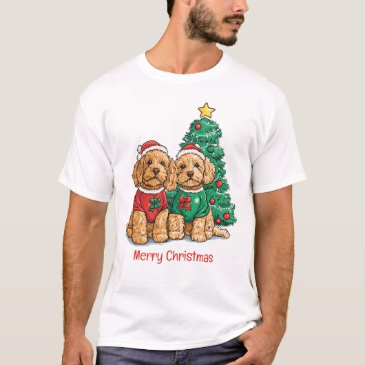 Vrolijk Kerstfeest Goldendoodle Honden T-shirt (Voorkant)