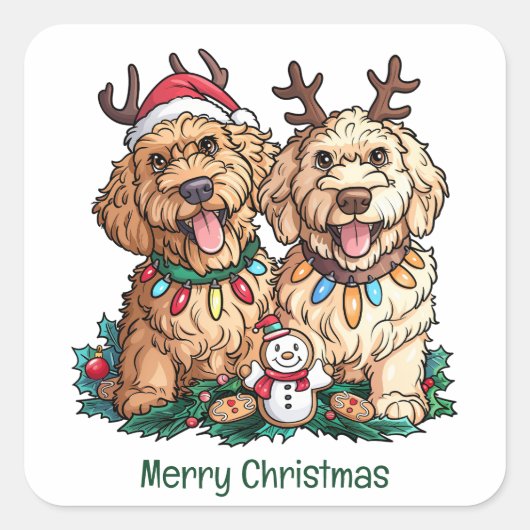 Vrolijk Kerstfeest Goldendoodle Honden Vierkante Sticker (Voorkant)