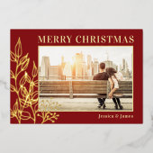 Vrolijk Kerstfeest Goud Bladerdak Foto Rood Folie Feestdagenkaart (Voorkant)