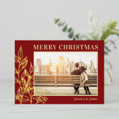 Vrolijk Kerstfeest Goud Bladerdak Foto Rood Folie Feestdagenkaart (Staand Voorkant)