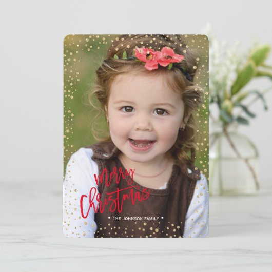 Vrolijk kerstfeest | Goud en rood | Glitter-Stippe Feestdagenkaart (Staand voorkant)
