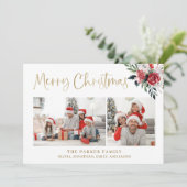 Vrolijk kerstfeest | Goud met twee foto's en bloem Feestdagenkaart (Staand voorkant)