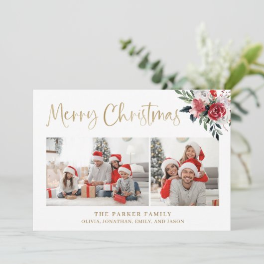 Vrolijk kerstfeest | Goud met twee foto's en bloem Feestdagenkaart (Staand voorkant)