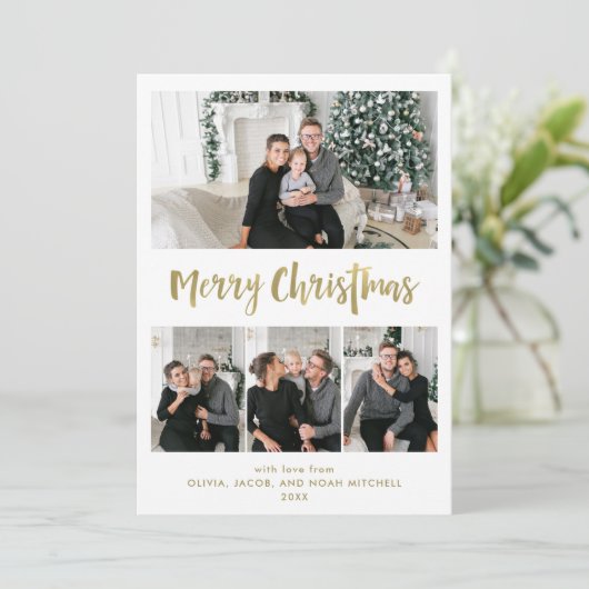 Vrolijk kerstfeest | Goud multi-fotoraster Feestdagenkaart (Staand voorkant)