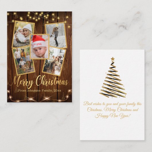 Vrolijk Kerstfeest Goud Rustieke Boerderij 5 Foto Notitiekaartje (Voorkant / Achterkant)