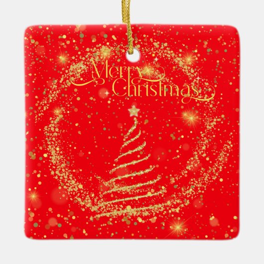 vrolijk kerstfeest! Goud stof tegen rood, glittera Keramisch Ornament (Voorkant)
