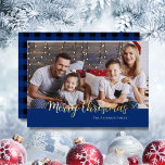 Vrolijk Kerstfeest Goud Typografie Familie Fotonaa Folie Feestdagenkaart<br><div class="desc">Vrolijk Kerstcitaat Gouden Typografie Seizoensgebonden familiefoto Zwart & Blauw Plaid folie vakantiekaart.</div>