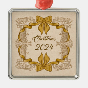 Vrolijk kerstfeest  gouden boog metalen ornament