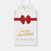 Vrolijk kerstfeest, gouden Confetti, Rode Bow, wit Cadeaulabel (Voorkant)