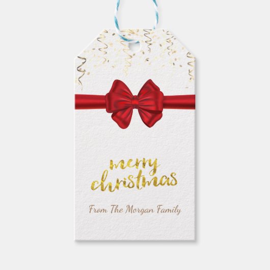 Vrolijk kerstfeest, gouden Confetti, Rode Bow, wit Cadeaulabel (Voorkant)