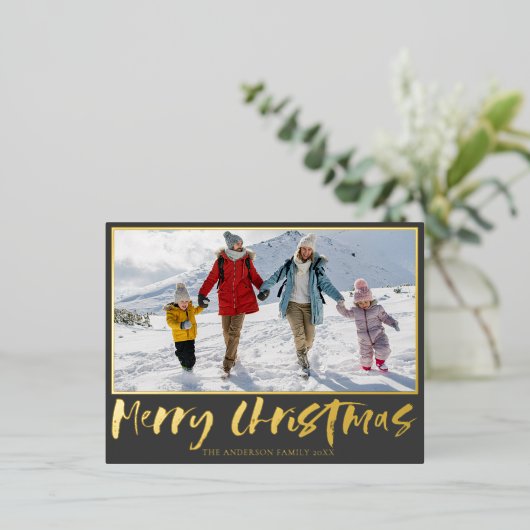 Vrolijk Kerstfeest Gouden Folie Kalligrafie & Foto Folie Feestdagen Briefkaart (Staand Voorkant)