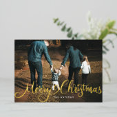 vrolijk kerstfeest gouden grote hand foto met brie folie feestdagenkaart (Staand Voorkant)