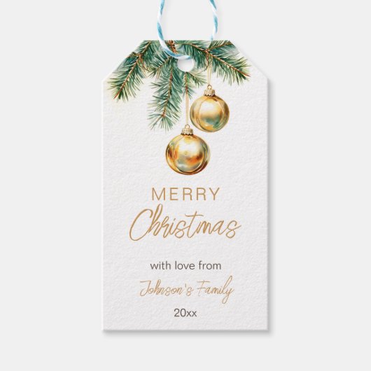 Vrolijk Kerstfeest gouden kerstballen dennen Cadeaulabel (Voorkant)