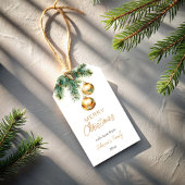 Vrolijk Kerstfeest gouden kerstballen dennen Cadeaulabel