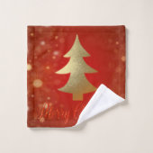 Vrolijk kerstfeest, gouden kerstboom, rood bad handdoek (Wasdoekje)