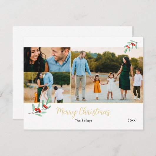 Vrolijk Kerstfeest Gouden Mistletoe 3 Fotocollage Feestdagenkaart (Voorkant / Achterkant)