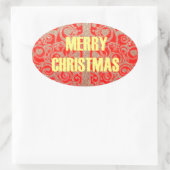 Vrolijk Kerstfeest Gouden Rode Sneeuw Glitter Hear Ovale Sticker (Tas)