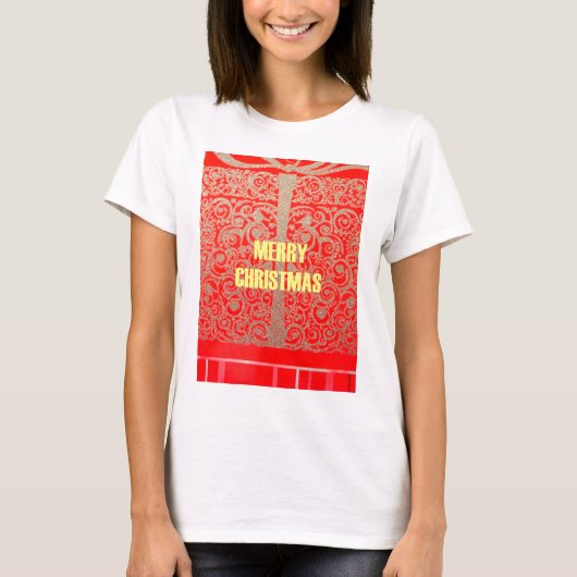 Vrolijk Kerstfeest Gouden Rode Sneeuw Glitter Hear T-shirt (Voorkant)