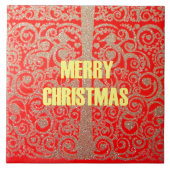 Vrolijk Kerstfeest Gouden Rode Sneeuw Glitter Hear Tegeltje (Voorkant)