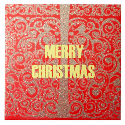 Vrolijk Kerstfeest Gouden Rode Sneeuw Glitter Hear Tegeltje (Voorkant)