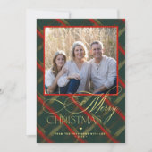 Vrolijk Kerstfeest gouden script rood groen plaid  Feestdagenkaart (Voorkant)