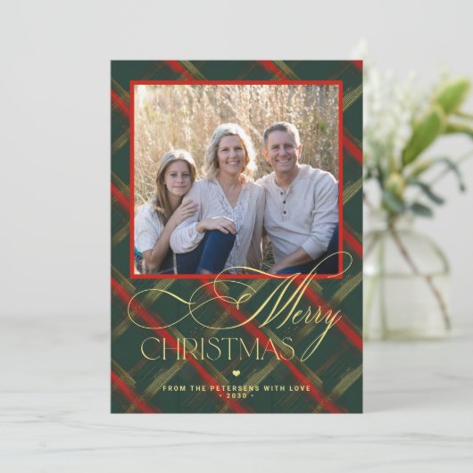 Vrolijk Kerstfeest gouden script rood groen plaid Feestdagenkaart (Staand voorkant)