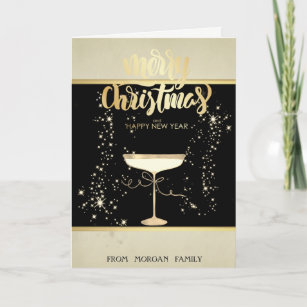 Vrolijk Kerstfeest, Gouden Sterren Champagne Glas Feestdagen Kaart