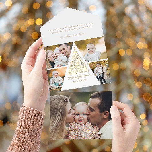 Vrolijk Kerstfeest Gouden Wervelboom 4 Fotocollage All In One Uitnodiging