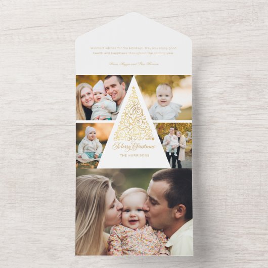 Vrolijk Kerstfeest Gouden Wervelboom 4 Fotocollage All In One Uitnodiging (Binnen)