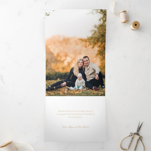 Vrolijk Kerstfeest Gouden Wervelboom 4 Fotocollage Drieluik Wenskaart (Binnen)