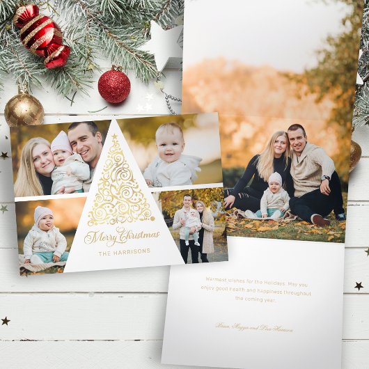 Vrolijk Kerstfeest Gouden Wervelboom 4 Fotocollage Drieluik Wenskaart