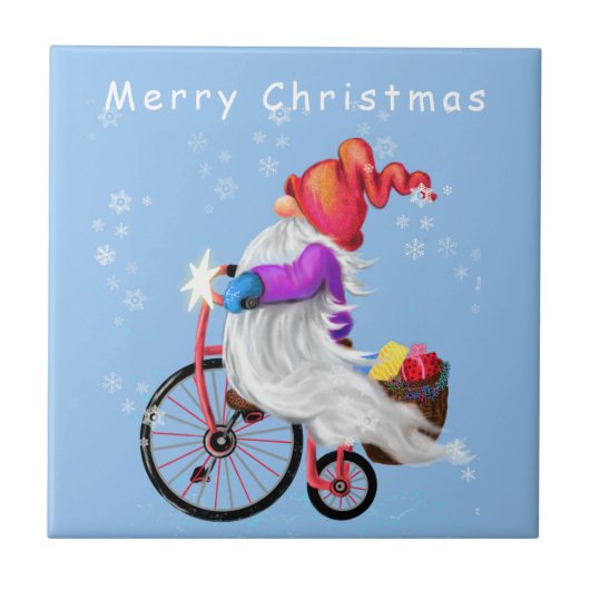 Vrolijk kerstfeest - Grappig gnome met Bike en Gif Tegeltje (Voorkant)