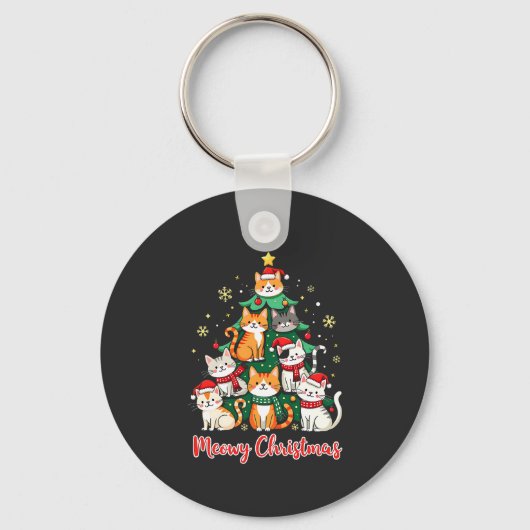 Vrolijk Kerstfeest Grappig Kerstkitten Kerstboom Sleutelhanger (Voorkant)