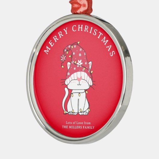 Vrolijk kerstfeest Grappig Schattige kerstkat Metalen Ornament (Links)